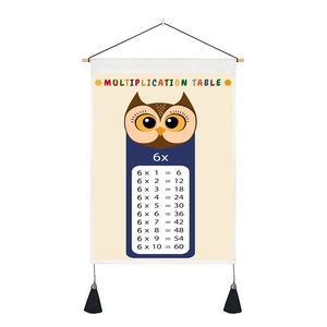 Educational wall hanging with 6x multiplication table and a brown cartoon owl