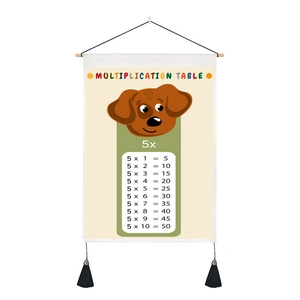 Hanging 5x multiplication table chart for kids with wooden scrolls and black tassel detail