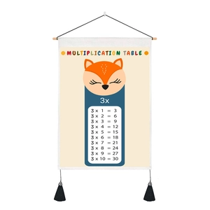 Detail of wooden wall hanging with multiplication table and cute fox for kids bedroom
