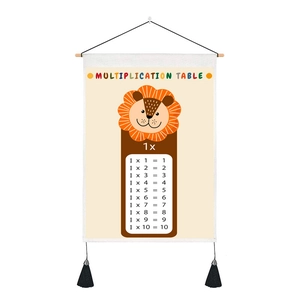 Educational lion multiplication wall chart with wooden frame and tassels for kids room