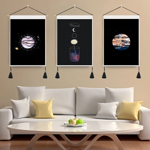 Bohemian Sun Moon Flower Tapestry Wall Art With Wooden Pole Tassels Polyester Cotton Fabric Hanging Scroll Painting For Home Decor