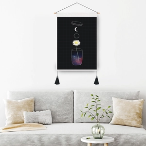 Minimalist wall hanging scroll featuring daisy and galaxy design with black tassels