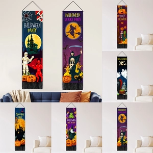 Tapisserie Suspendue d'Halloween en Coton Polyester Décoration Murale Avec Tige en Bois Et Glands Bannière de Fête Effrayante