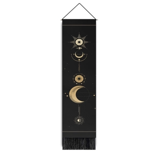 Hanging scroll with golden sun and moon phases on black tapestry with wooden rod and tassels