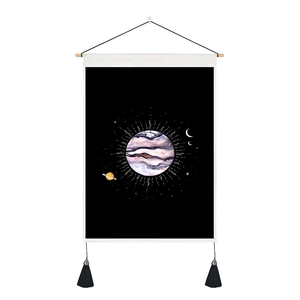 Modern black tapestry with sun moon star prints, wooden bar and tassel home wall decor