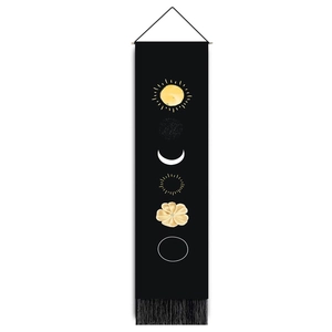 Black sun and moon phase wall tapestry with mystical flowers and elegant black tassels