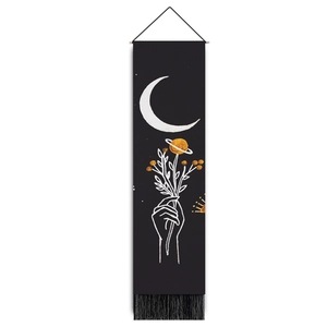 Vertical wall tapestry with moon phases, celestial elements and black decorative fringe