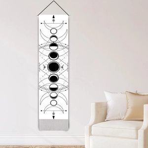 Vertical wall tapestry with black moon phases and tassels for minimalist home decor