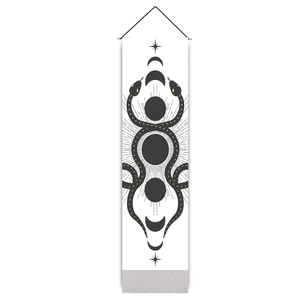 Vertical wall tapestry with black moon phases and mystic snakes on white fabric