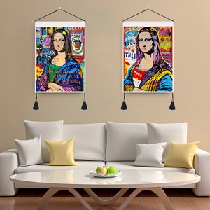 Graffiti Pop Art Wall Hanging Scroll Tapestry Mona Lisa Style Fabric With Wooden Rod And Tassels