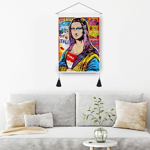 Graffiti style Mona Lisa pop art canvas scroll painting with black decorative tassels