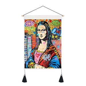 Graffiti Mona Lisa canvas tapestry with wooden rod and tassels for wall decoration