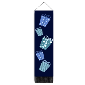 Vertical blue Christmas wall hanging featuring gift box patterns with bottom black tassels