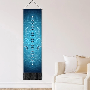 Vertical blue moon phase wall tapestry with geometric lines and black tassel decor