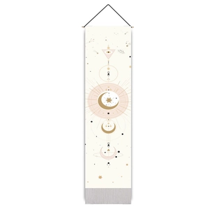 Vertical wall tapestry with moon phases and astrology patterns on minimalist background