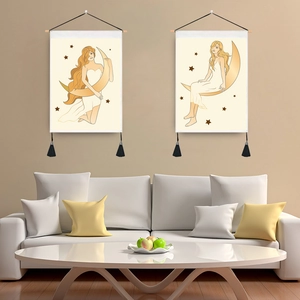 Celestial Moon Star Woman Illustration Wall Hanging Tapestry With Wood Rod And Tassels Polyester Cotton Fabric