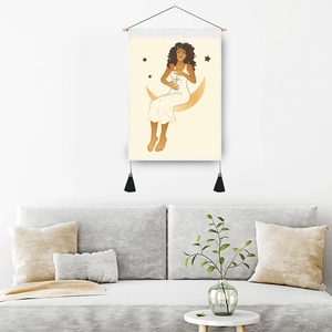 Minimalist moon girl wall tapestry with hanging wood rod and black fringe for room decor