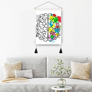 Moderner Wandteppich aus Leinwand mit Gehirn-Anatomie-Design, Holzrahmen und Quasten