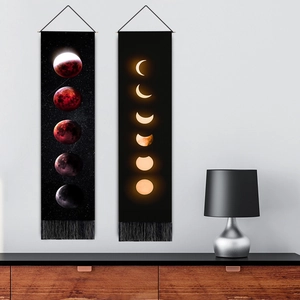 Vertical wall tapestries featuring lunar phases and red moon cycles with black tassels