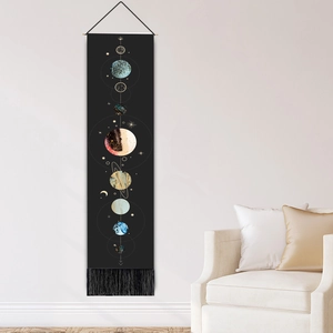 Modern vertical wall tapestry with colorful moon phase galaxy print and black tassels decor