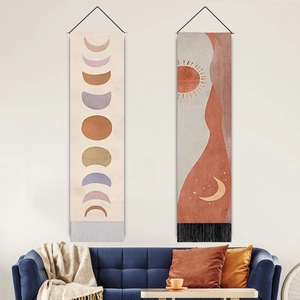 Bohemian Moon Phase Abstract Landscape Wall Hanging Tapestry With Wood Rod Tassel Vertical Scroll Art Home Decor Painting