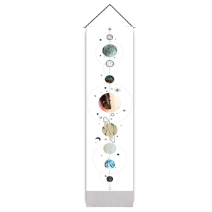Vertical wall tapestry with artistic moon phases and planets design on white fabric