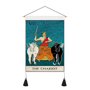 The Chariot tarot tapestry featuring wooden hangers and tassels for room wall decor