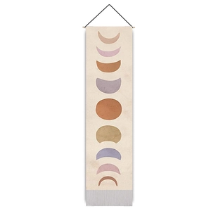 Nordic moon phase wall hanging tapestry with wooden pole in minimalist abstract style