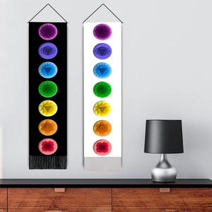 Set of two long chakra tapestry wall hangings with colorful symbols and fringe trim