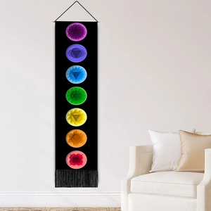 Vertical 7 Chakra wall tapestry with wooden bar and black tassels for yoga room decor