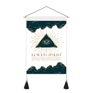 Tarot Sun Moon Eye wall tapestry with wooden rod and black tassels on white canvas