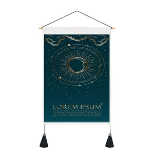 Celestial tarot wall tapestry with sun moon and gold line art on dark teal background