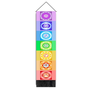 Vertical Seven Chakras meditation tapestry with colorful mandala symbols and black tassels