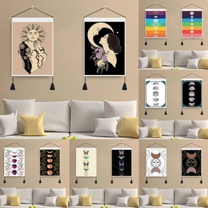 Bohemian Moon Phase Tapestry Wall Hanging With Wooden Rod Tassels Floral Butterfly Goddess Art Home Decor For Living Room Bedroom