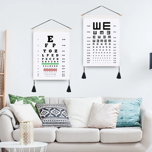 Snellen and E-chart eye vision test wall hanging with wooden frame and black tassels