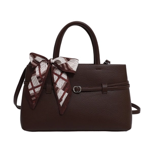 Dark brown lychee pattern leather tote bag with elegant silk scarf and silver buckle detail