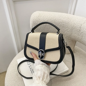Vintage Splicing Woven PU Leather Crossbody Bag For Women Fashion Handbag With Metal Lock Elegant Shoulder Bag Small Square Bag