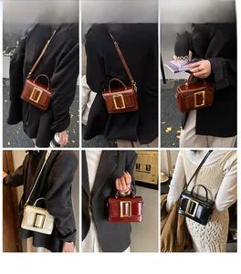 Collage of leather crossbody bags in four colors with large rectangular metal buckles