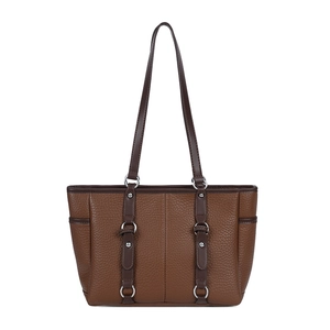 Brown lychee pattern tote bag with silver metal ring and long double shoulder straps