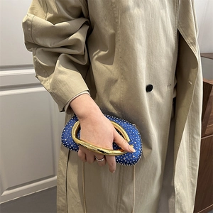 Chic blue glitter acrylic evening bag with oversized gold ring handle and chain strap