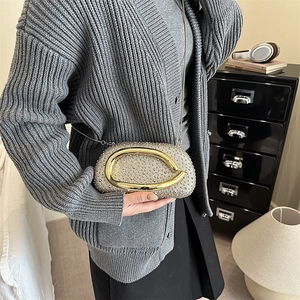 Silver rhinestone evening bag with gold horseshoe handle and metal chain for women