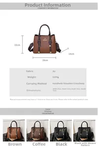 Detailed size specifications and color options for large capacity PU leather tote bag