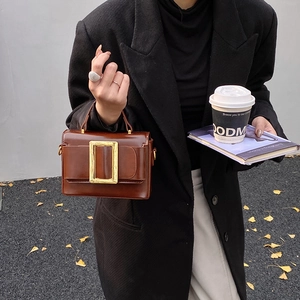 Retro brown leather handbag with a large gold square buckle on a street style background