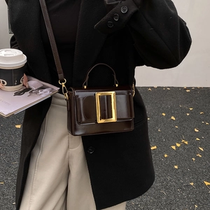 Vintage glossy dark brown square crossbody bag with large gold buckle and slim strap