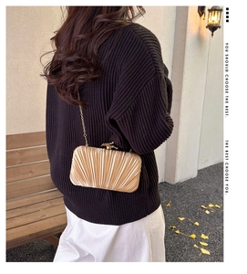 Detail of gold pleated evening clutch bag with metal chain strap and elegant clasp