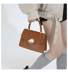 Detailed shot of brown quilted leather handbag with gold pebble buckle and top handle