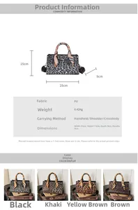 Detailed size chart and multi-color options for the leopard print PU handbag