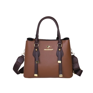 Brown textured leather tote bag with gold kangaroo logo and wide shoulder strap