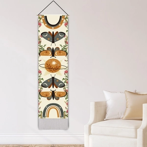 Vertical bohemian tapestry featuring butterflies, moon phases, and tassels for wall decor