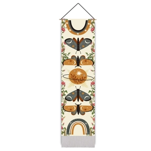 Boho butterfly lunar eclipse wall tapestry with celestial elements and wooden hanging pole